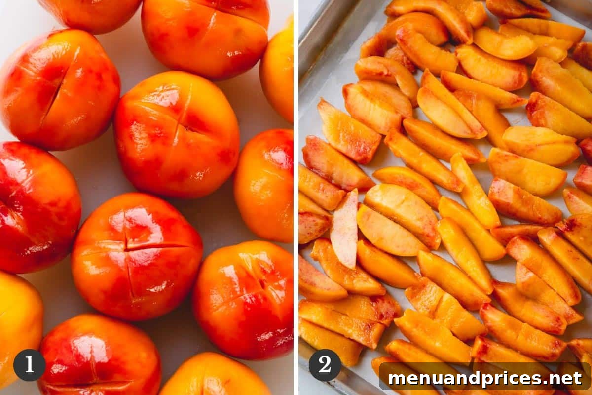 Velvet Peach Dream 4 Side by side images of peeled and sliced peaches.