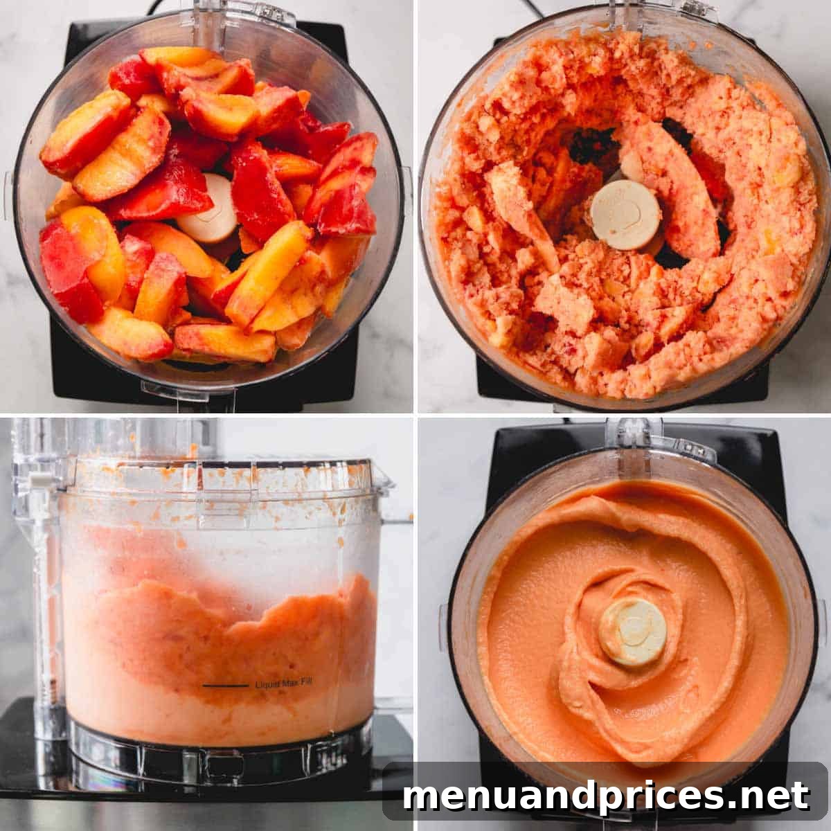 Velvet Peach Dream 5 Step by step images of making peach ice cream in a food processor.