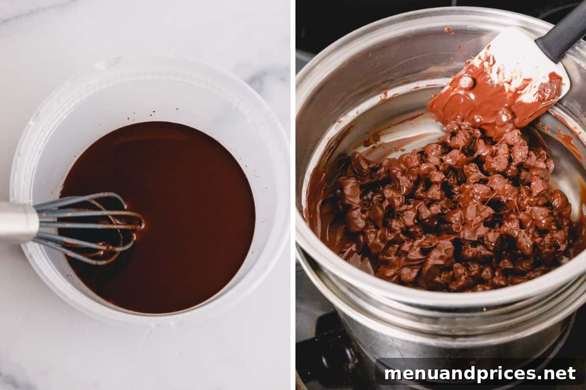 Silky Chocolate Mousse Delight 4 Two images side by side: one showing cocoa powder dissolved in hot water, the other showing melted chocolate chips in a bowl over a double boiler.