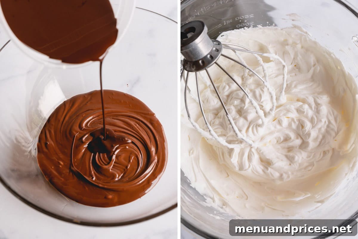 Silky Chocolate Mousse Delight 5 Two images side by side: one showing the cocoa mixture being stirred into melted chocolate, the other showing stiff peaks of whipped cream in a mixing bowl.