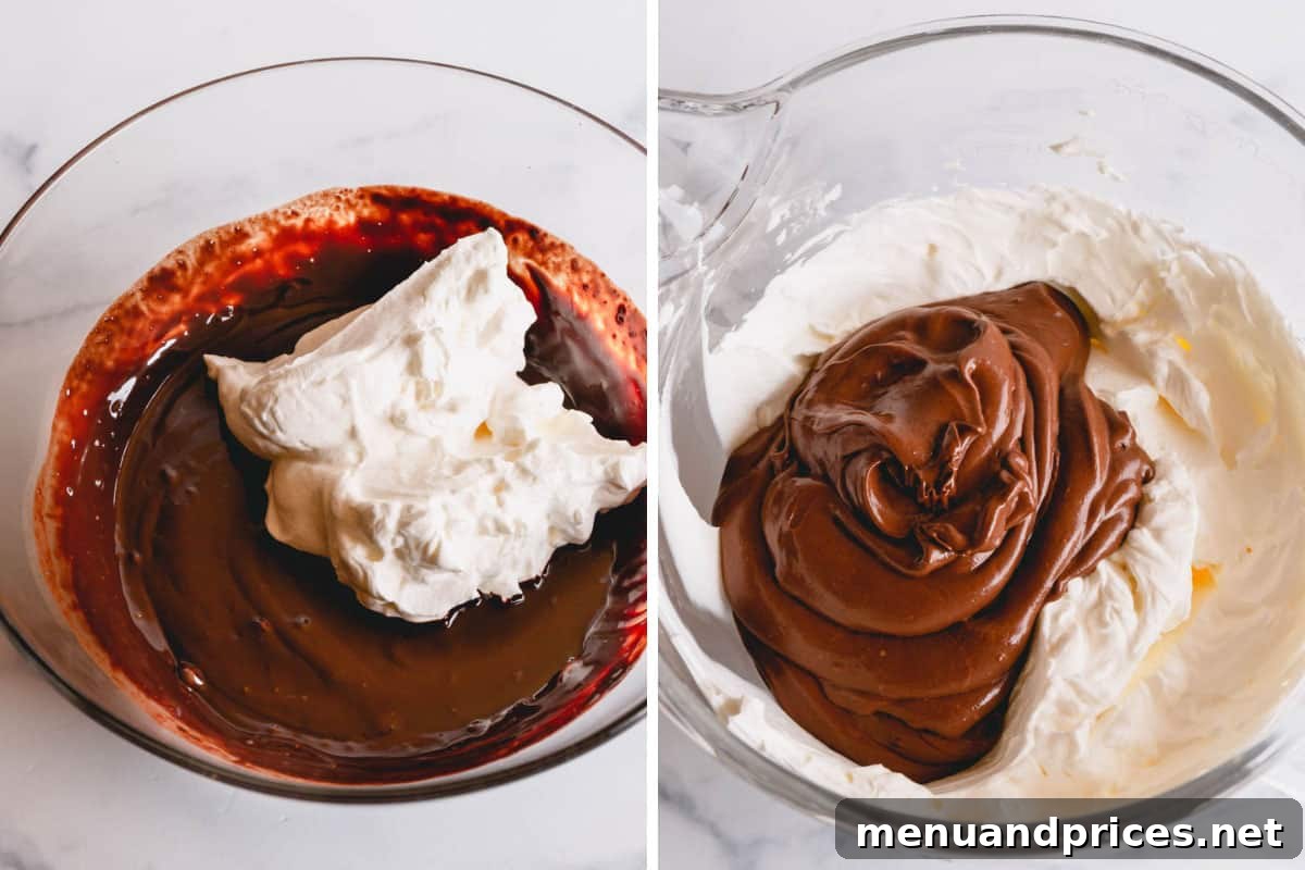 Silky Chocolate Mousse Delight 6 Two images side by side: one showing the initial folding of whipped cream into the chocolate mixture, the other showing the final, smooth, combined chocolate mousse.