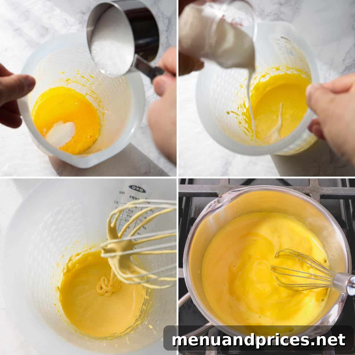 Velvety French Chocolate Frosting 4 Step-by-step photos illustrating the gentle cooking process of the egg yolk custard base for French buttercream until it thickens into a creamy pudding.