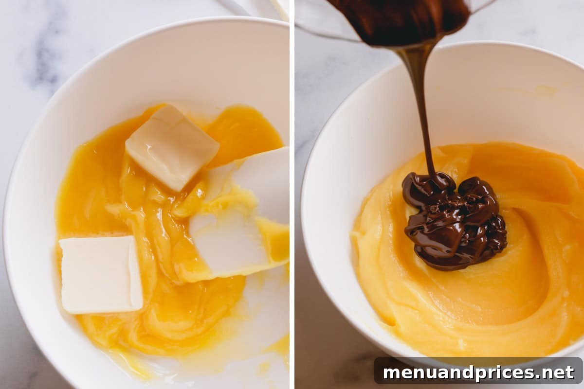 Velvety French Chocolate Frosting 5 Side-by-side images demonstrating the addition of softened butter into the cooled custard base, followed by the incorporation of cooled melted chocolate, to form a perfectly smooth buttercream.