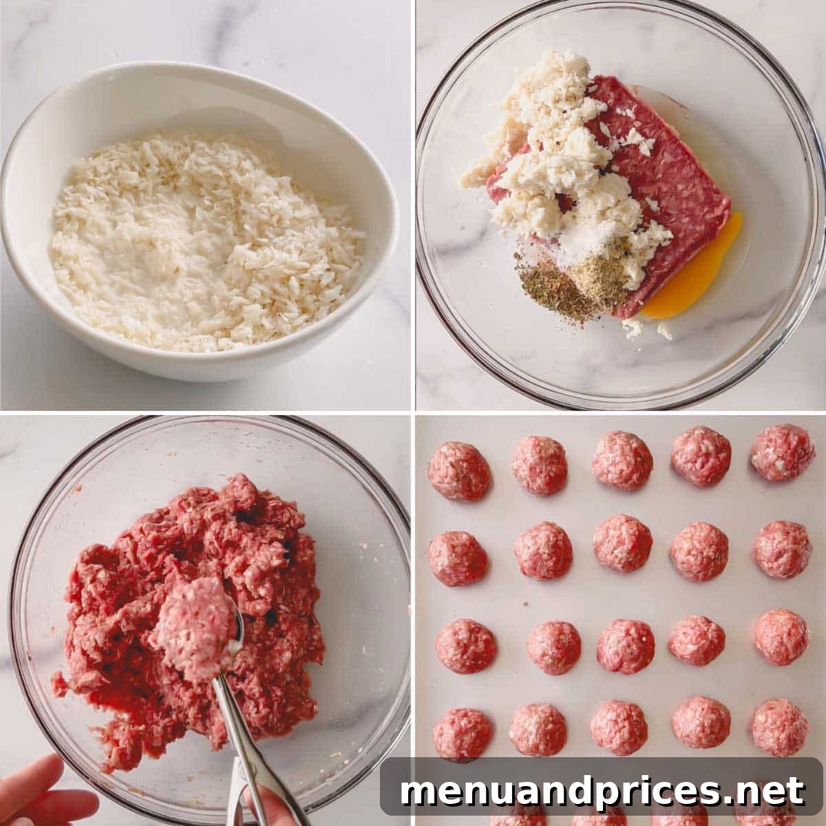 Four instructional images showing the process of mixing ingredients and shaping Beer BBQ Meatballs.