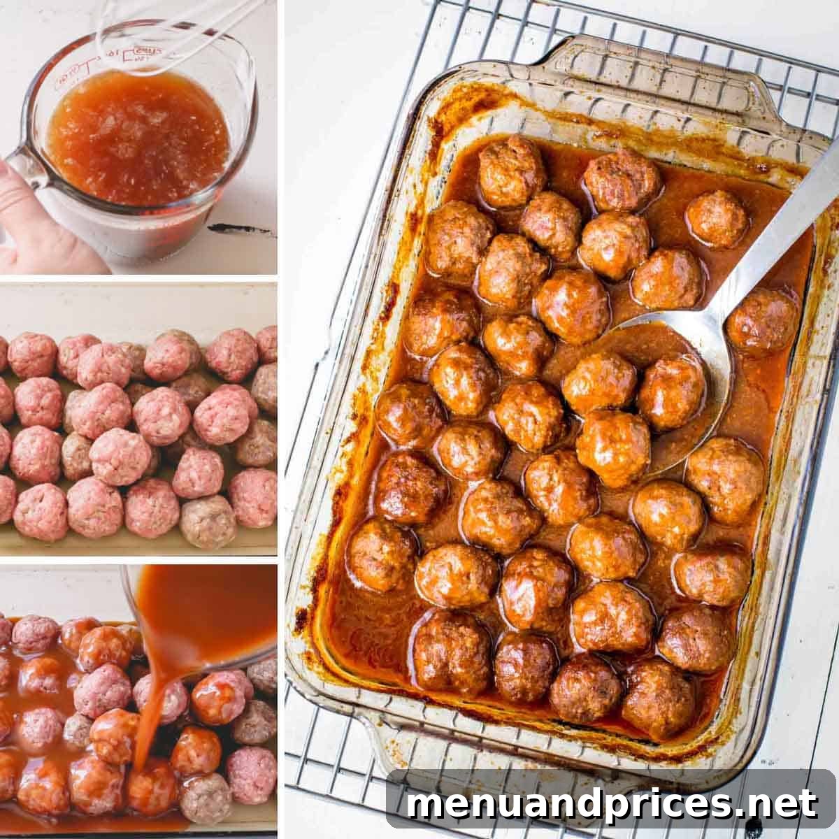 Four instructional images showing the process of mixing beer BBQ sauce and pouring it over raw meatballs.