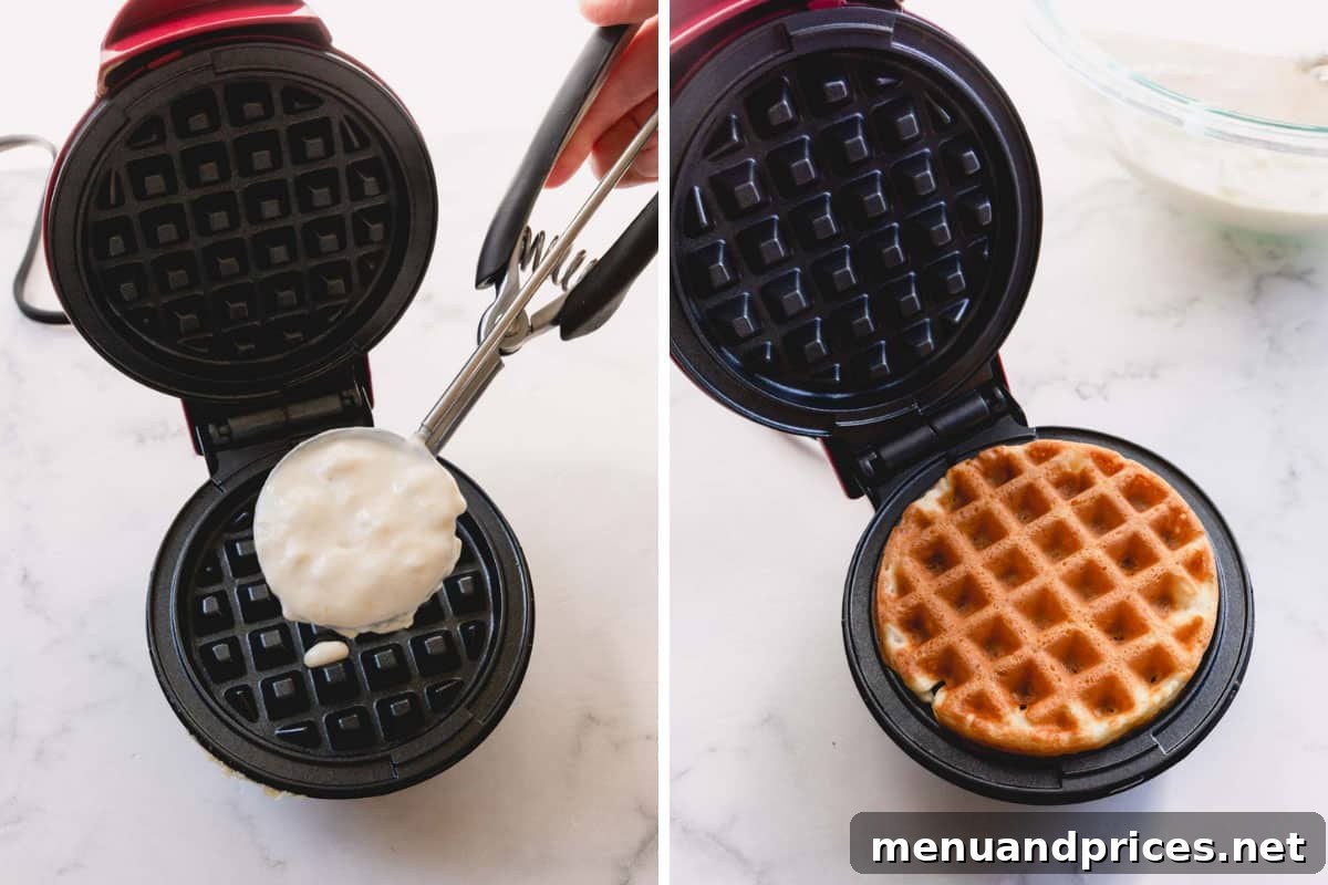 Golden Crispy Waffles 6 Side-by-side images showing a scoop of waffle batter being added to a hot waffle iron and a perfectly cooked waffle within the iron, ready to be removed.