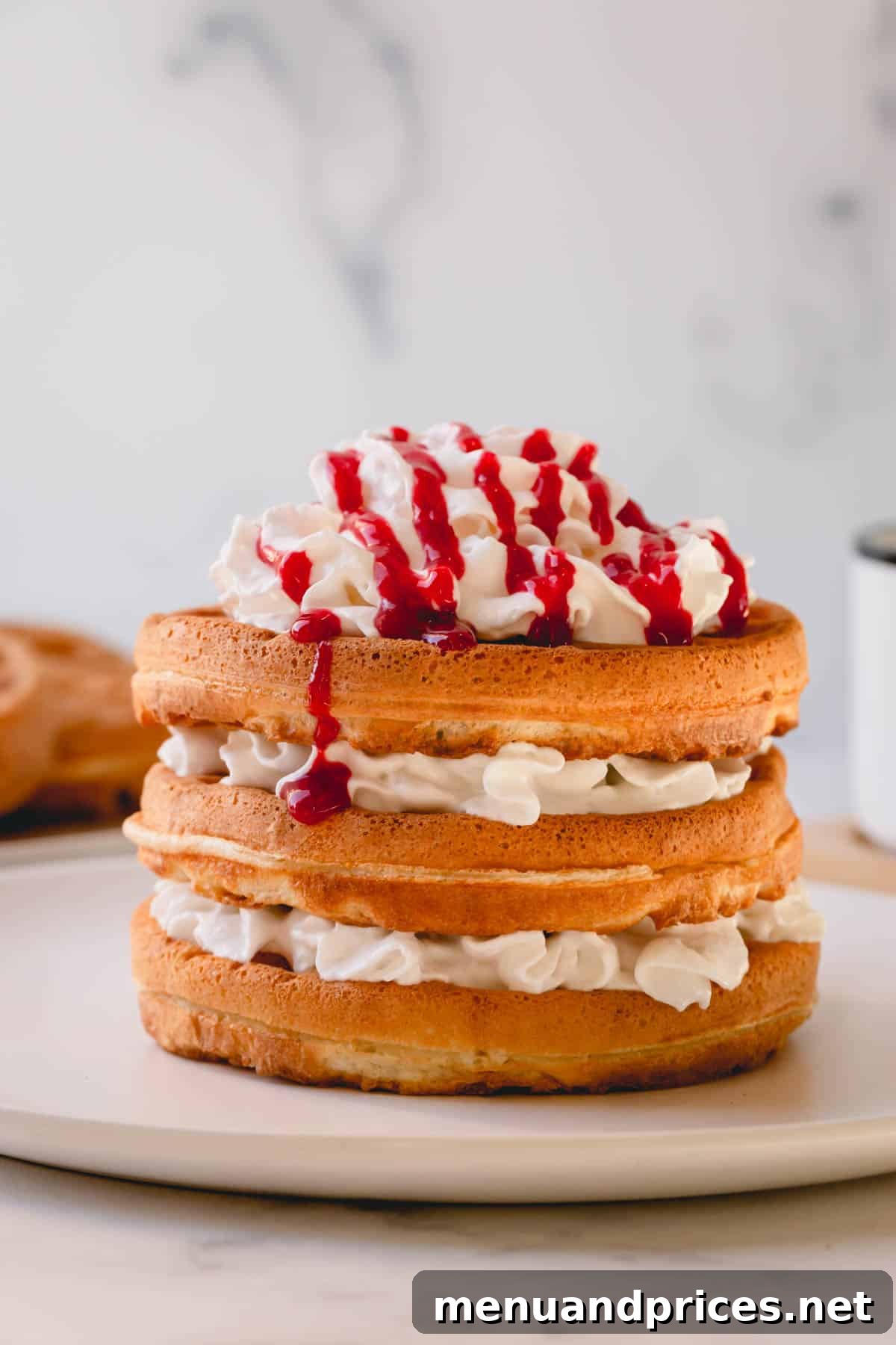 Golden Crispy Waffles 7 A stack of golden waffles generously topped with rich whipped cream and a vibrant, fresh raspberry sauce, highlighting a delicious serving suggestion.
