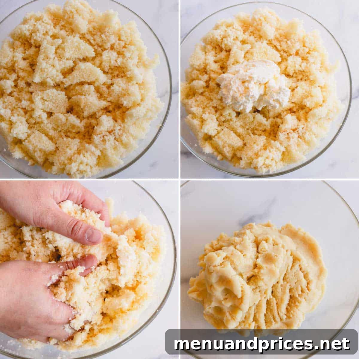 Foolproof Cake Pop Delight 6 A visual guide showing four stages of making cake pop dough with cream cheese, from crumbs to a smooth mixture.