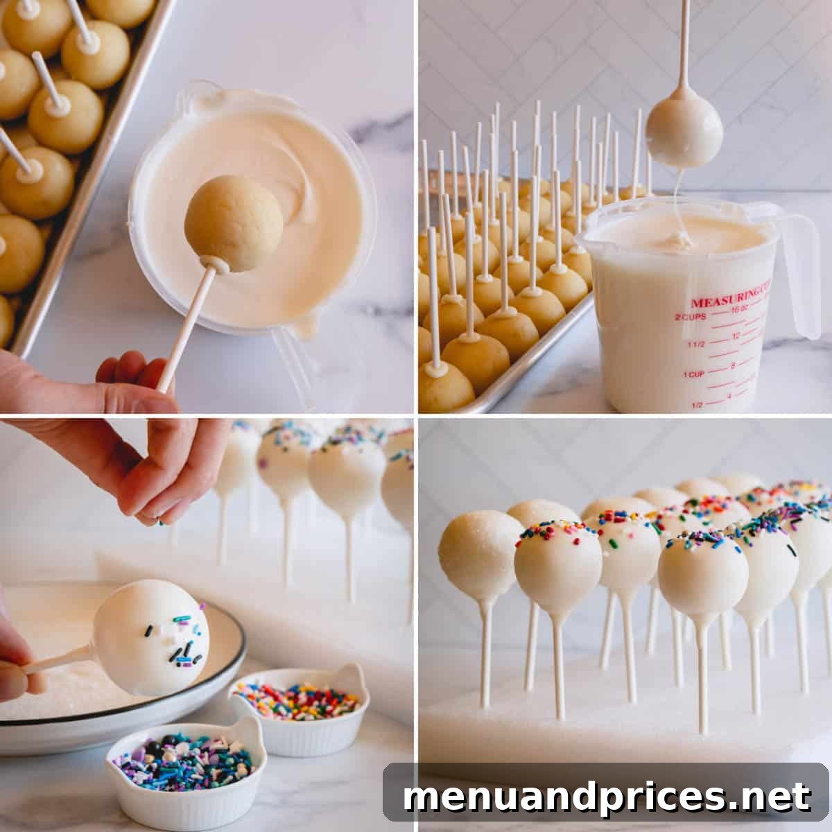 Foolproof Cake Pop Delight 8 A step-by-step visual on how to dip cake pops, followed by a photo of finished cake pops setting in Styrofoam.