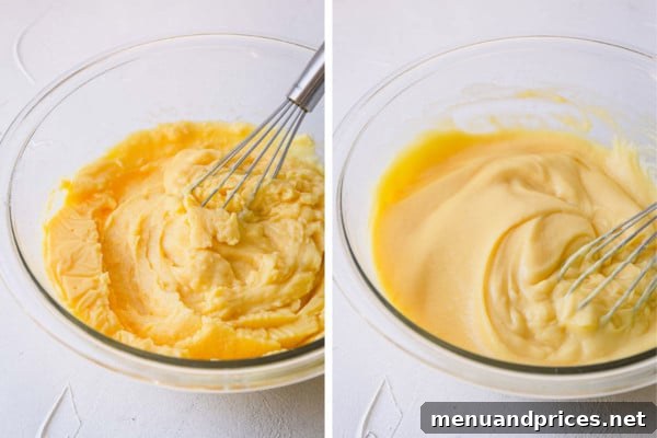 Mastering Classic French Pastry Cream 11 Two side-by-side images of chilled custard before and after whisking.