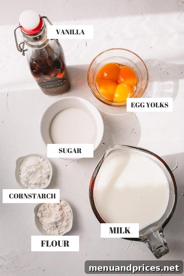 Mastering Classic French Pastry Cream 4 Ingredients for pastry cream: vanilla extract, egg yolks, sugar, cornstarch, milk, flour.