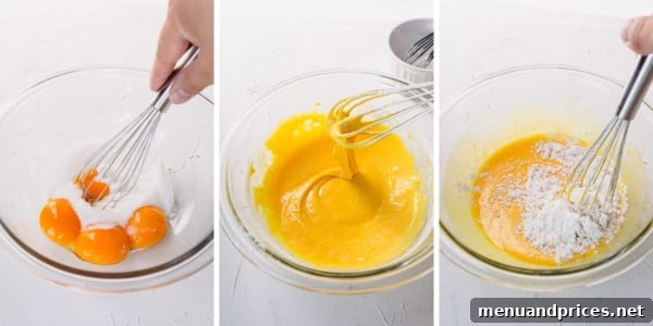 Mastering Classic French Pastry Cream 6 Step-by-step process shots of whisking egg yolks with sugar, cornstarch, and flour.