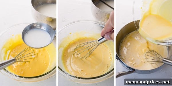 Mastering Classic French Pastry Cream 7 Step-by-step process shots of tempering egg yolks with hot milk.