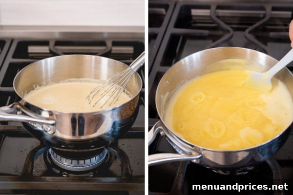 Mastering Classic French Pastry Cream 8 Two images of custard in saucepan on the burner, thickening.