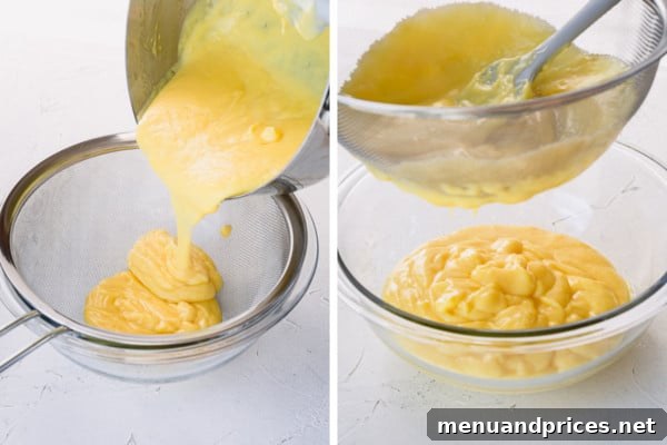 Mastering Classic French Pastry Cream 9 Two side-by-side images of running the custard through a sieve.