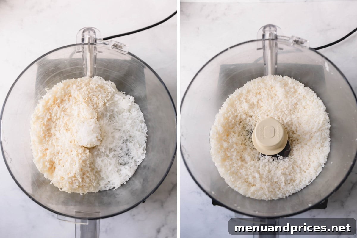 Ultimate Coconut Macaroons 5 Close-up of dried coconut flakes being processed in a food processor to achieve a finer texture.