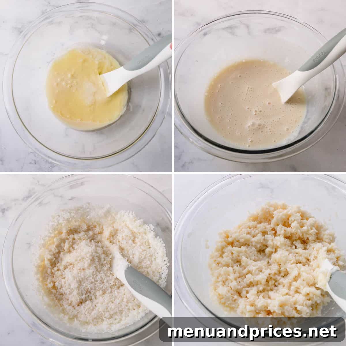 Ultimate Coconut Macaroons 6 A series of step-by-step photos illustrating the process of combining ingredients to make coconut macaroon batter.