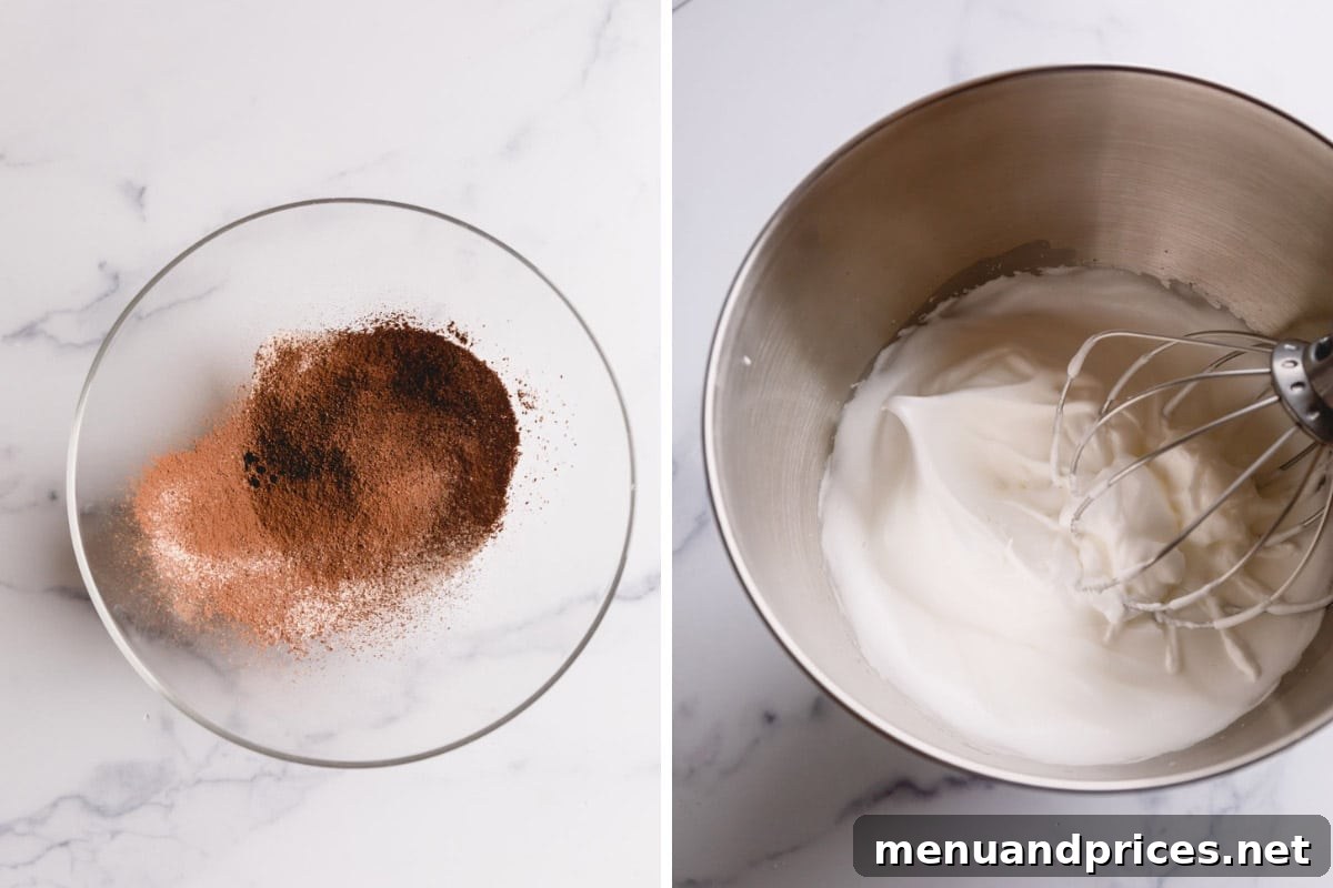 Sinful Chocolate Roll Cake 5 Two bowls side-by-side: one filled with sifted cocoa powder and other dry baking ingredients, the other showcasing perfectly fluffy whipped egg whites, ready for incorporation.