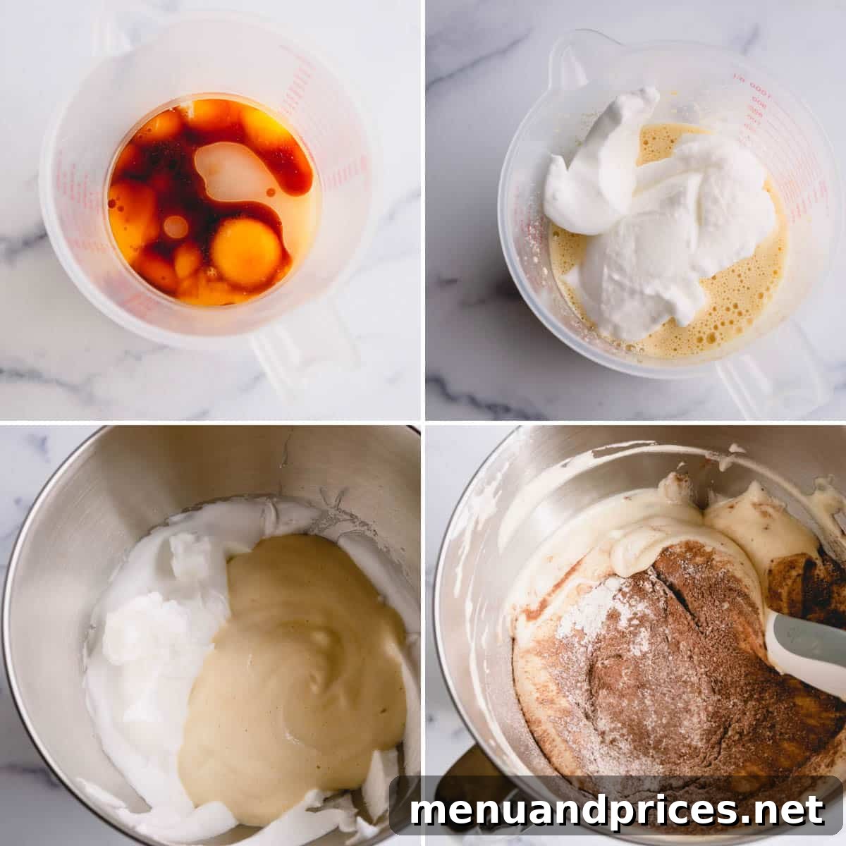 Sinful Chocolate Roll Cake 6 A step-by-step visual guide demonstrating the careful process of folding the chocolate sponge cake batter to maintain its light and airy texture.
