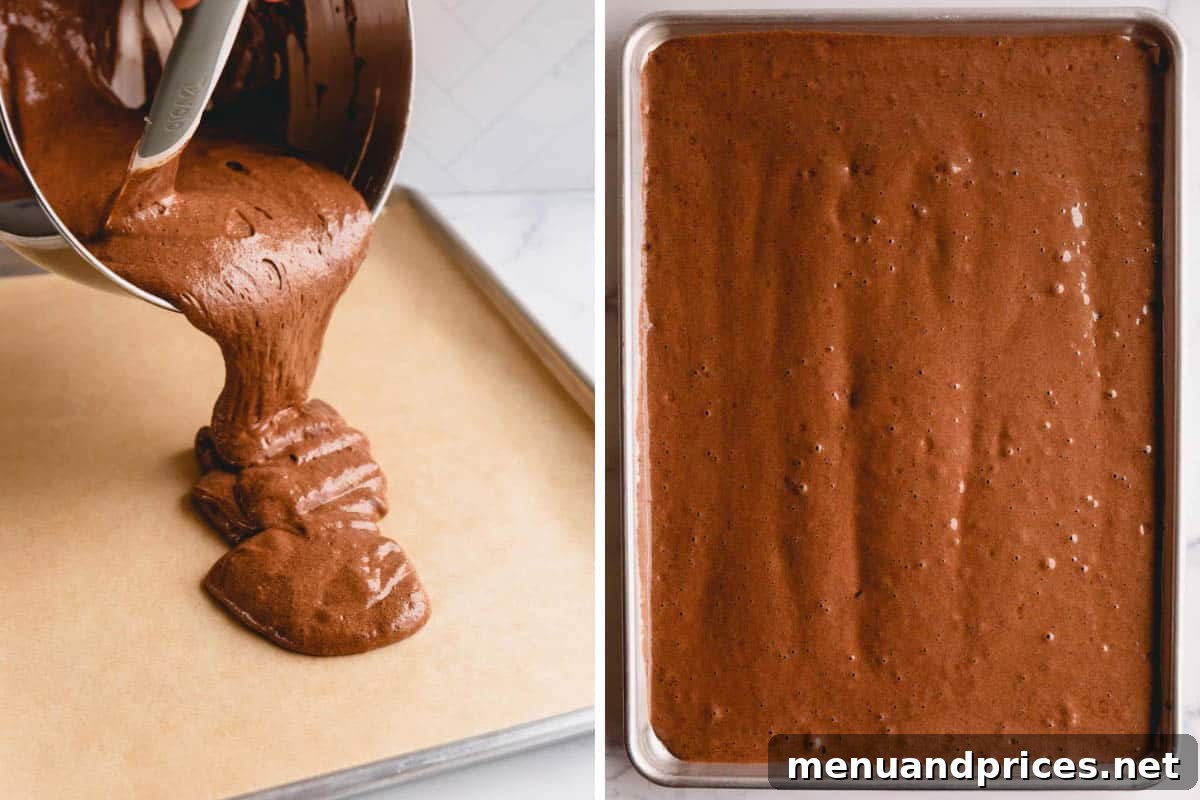 Sinful Chocolate Roll Cake 7 Rich chocolate cake batter being meticulously poured into a parchment-lined baking pan, ensuring an even spread before baking.