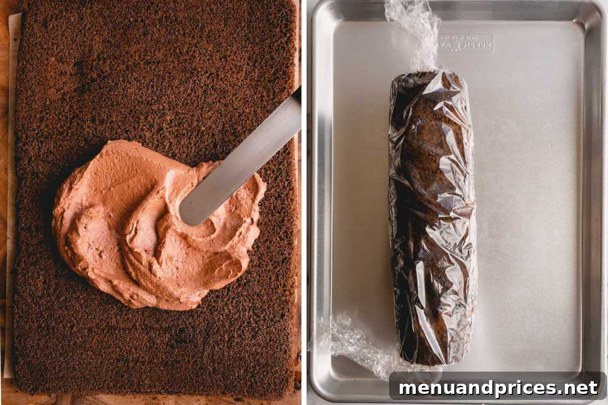 Sinful Chocolate Roll Cake 8 Image showing the process of spreading creamy chocolate mousse on a cooled sponge cake, followed by a tightly rolled chocolate Swiss roll wrapped securely in plastic film.