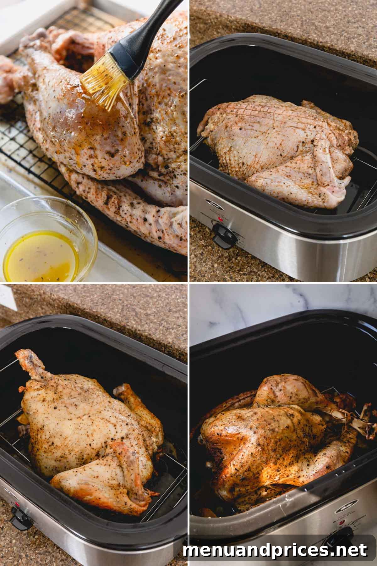 Step by step photos of roasting turkey in an electric roaster, showing preparation and flipping.