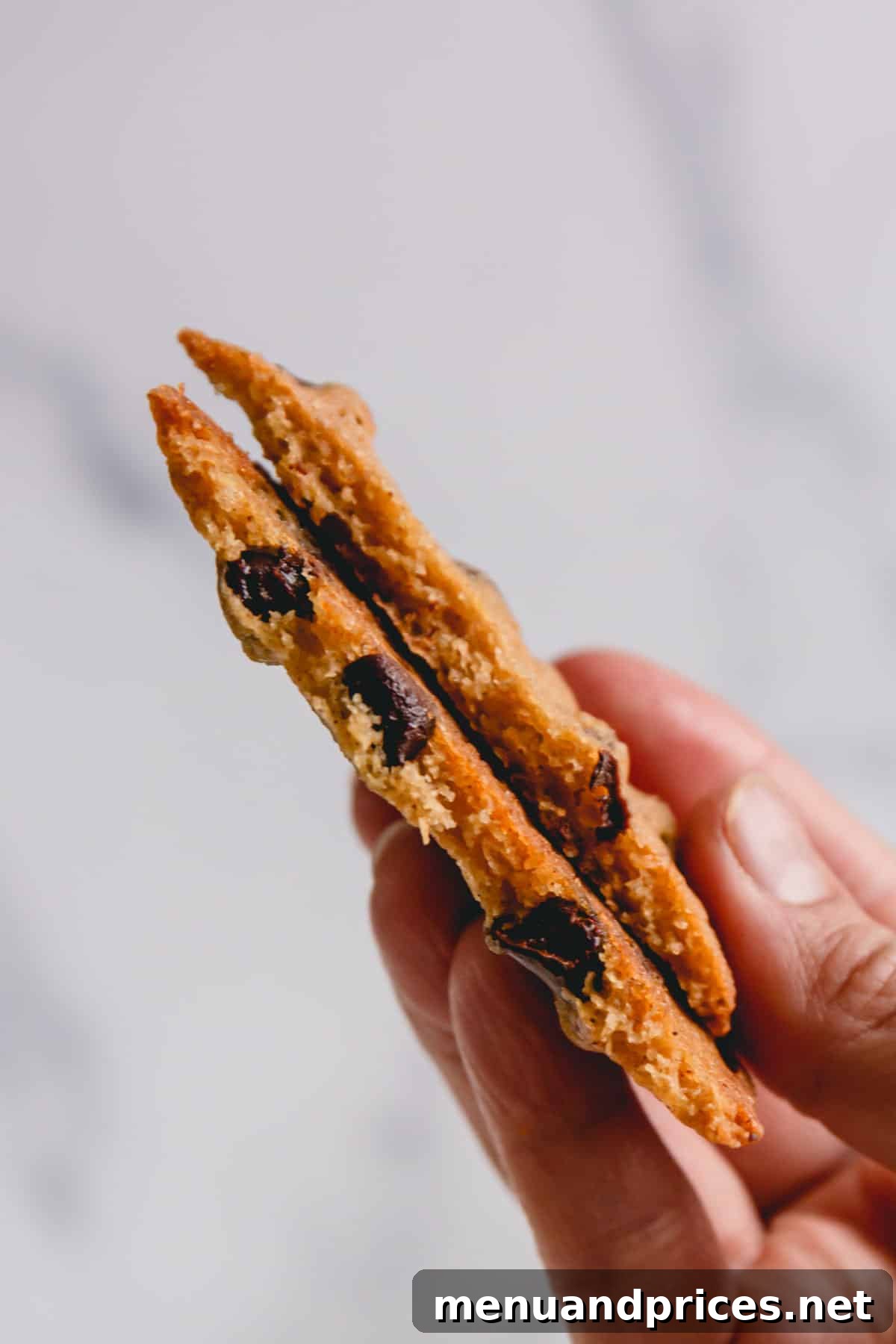 Golden Crunch Chocolate Chip Delights 12 A hand gently holding a thin chocolate chip cookie, broken in half, prominently displaying its delicate, crisp structure.