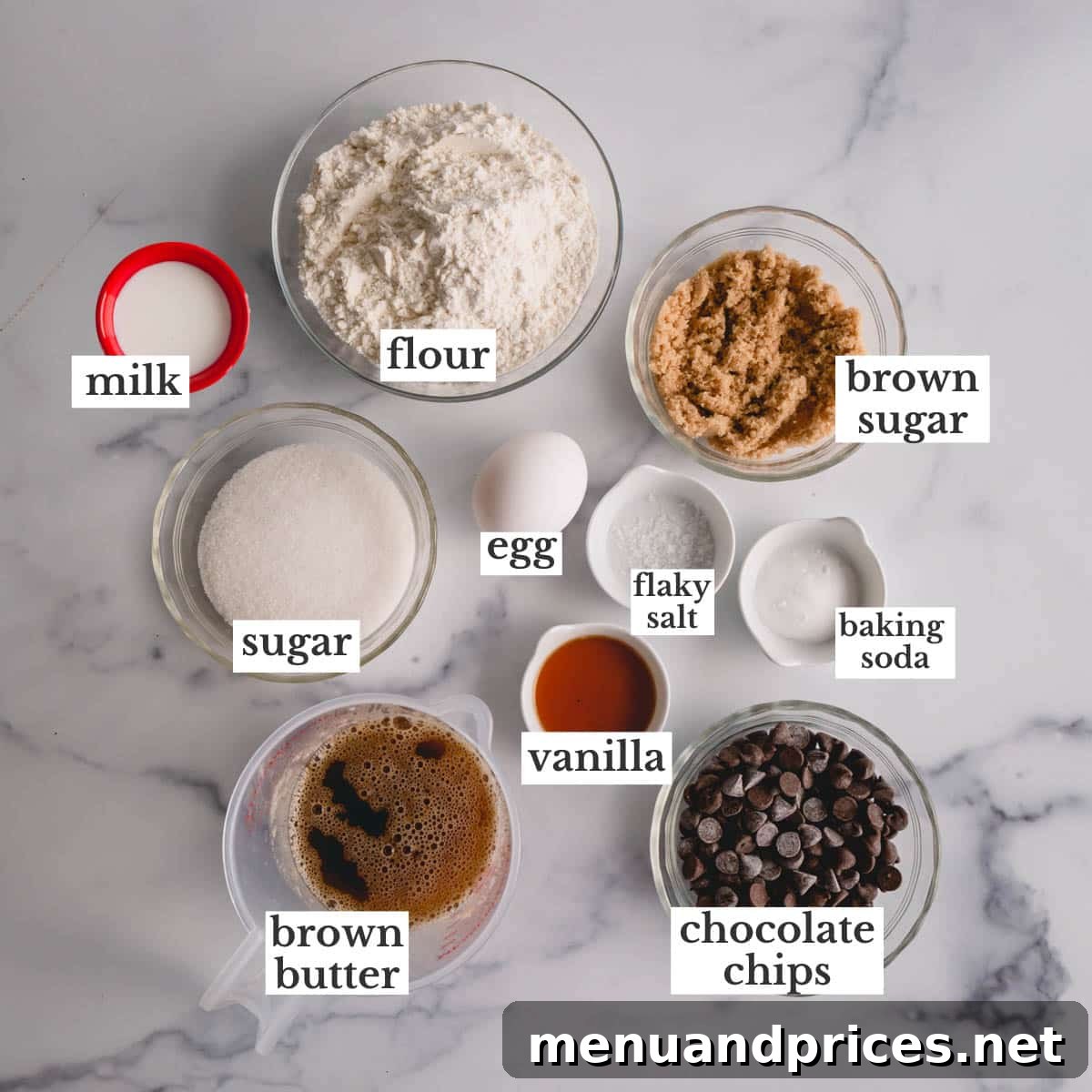 Golden Crunch Chocolate Chip Delights 4 All the essential ingredients for crispy chocolate chip cookies neatly laid out on a kitchen surface.