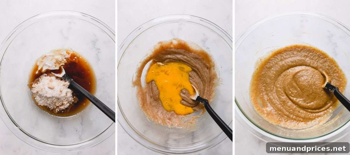 Golden Crunch Chocolate Chip Delights 5 Step-by-step photos illustrating the process of mixing wet ingredients for chocolate chip cookies in a bowl.