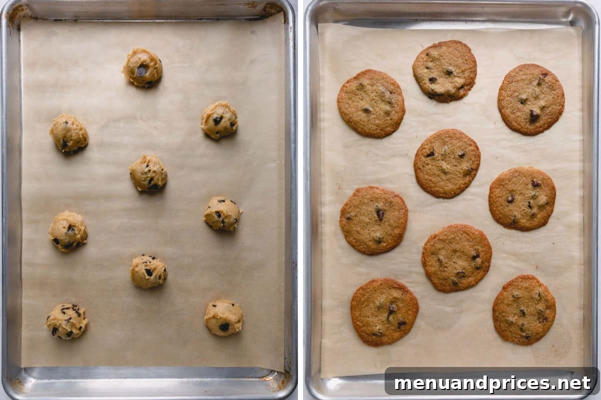 Golden Crunch Chocolate Chip Delights 7 Side-by-side images comparing raw cookie dough balls on a baking sheet with freshly baked, flat, and golden chocolate chip cookies cooling on a sheet pan.