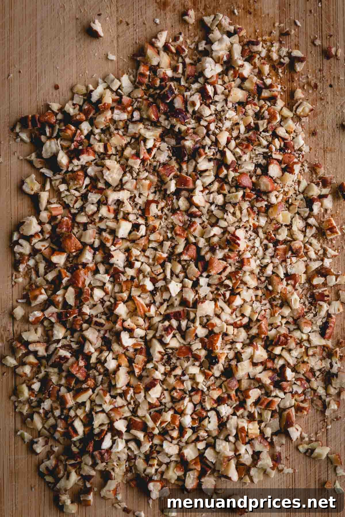 Buttery Pecan Snowball Cookies 6 Coarsely chopped pecans on a wooden cutting board, ready to be added to the dough.