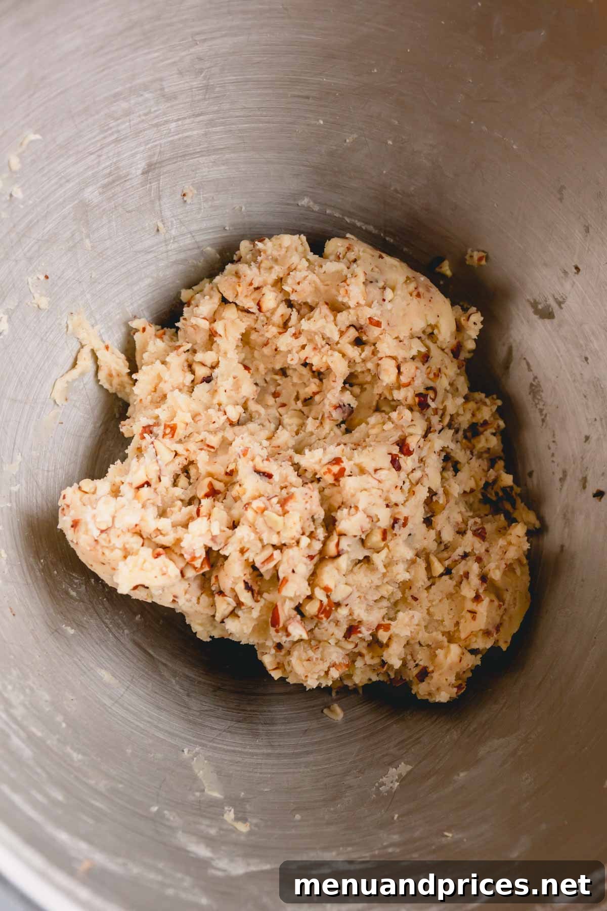 Buttery Pecan Snowball Cookies 8 Snowball cookie dough with toasted pecans mixed in, ready for shaping.