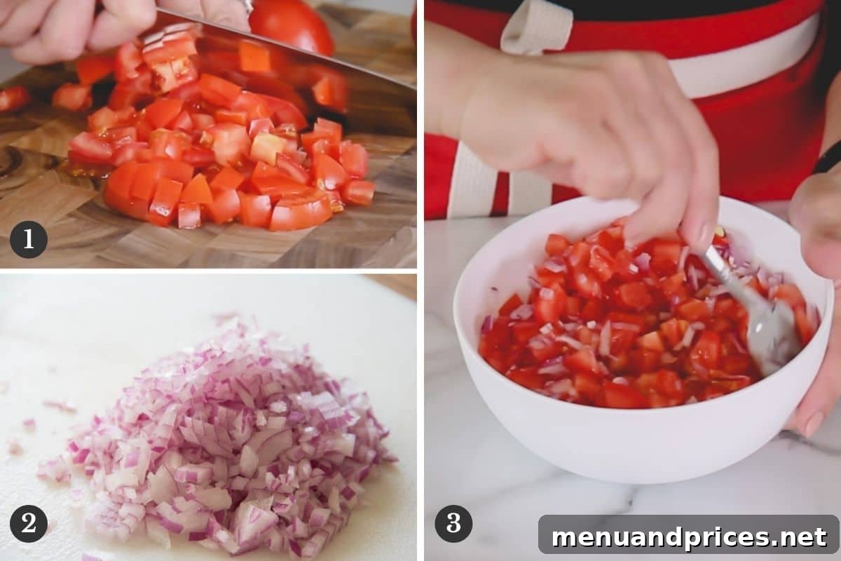 Artisan Smoked Salmon Crostini 3 Step-by-step images illustrating the process of making the fresh tomato relish, showing ingredients being mixed in a bowl.