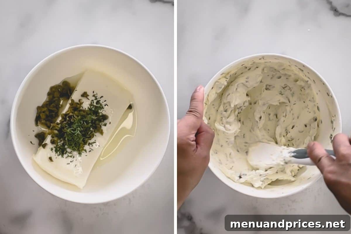 Artisan Smoked Salmon Crostini 4 Step-by-step images showcasing the preparation of the herby cream cheese spread, with ingredients being stirred together.