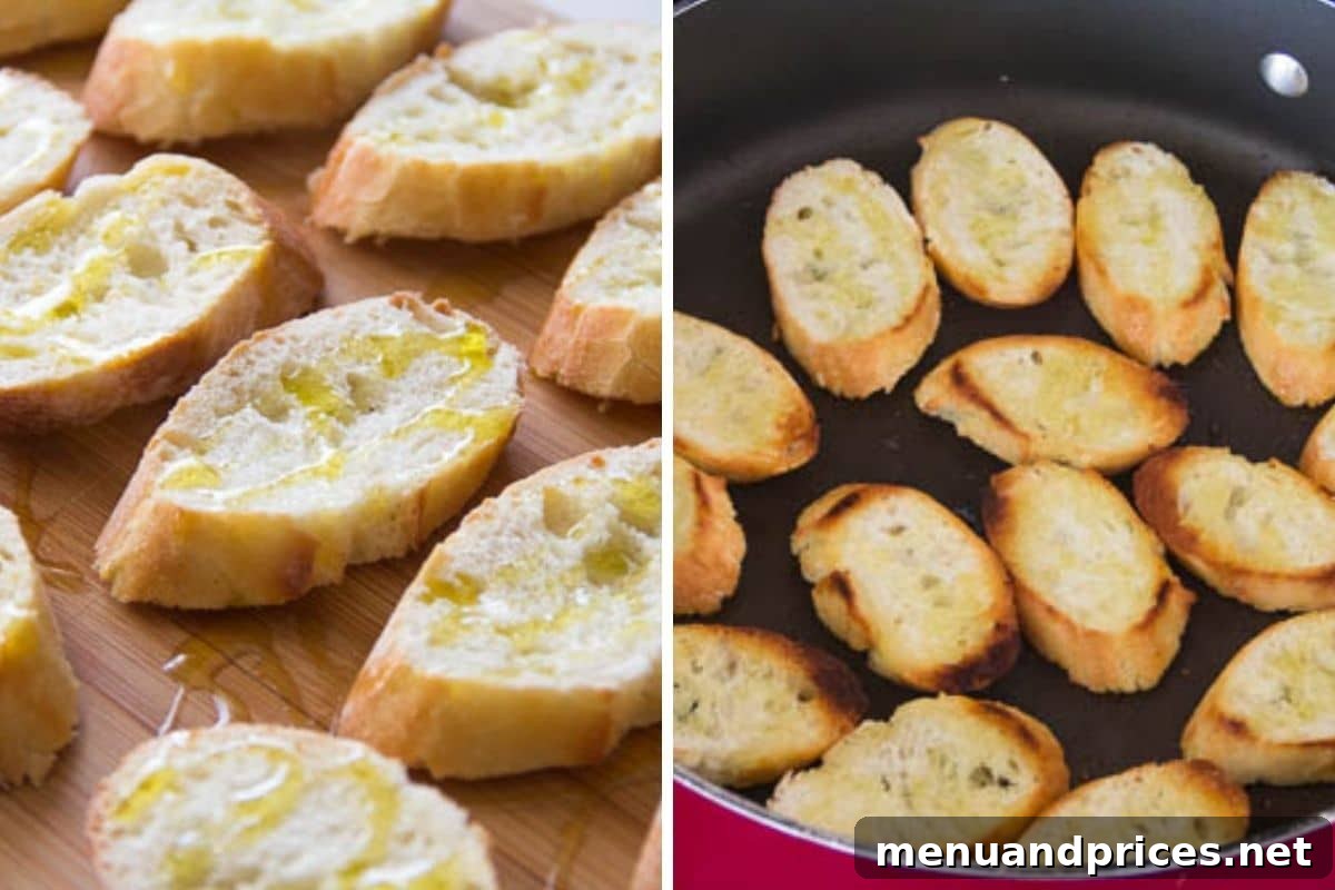 Artisan Smoked Salmon Crostini 5 Side-by-side images demonstrating the process of slicing and toasting baguette for crostini, showing bread slices on a pan.