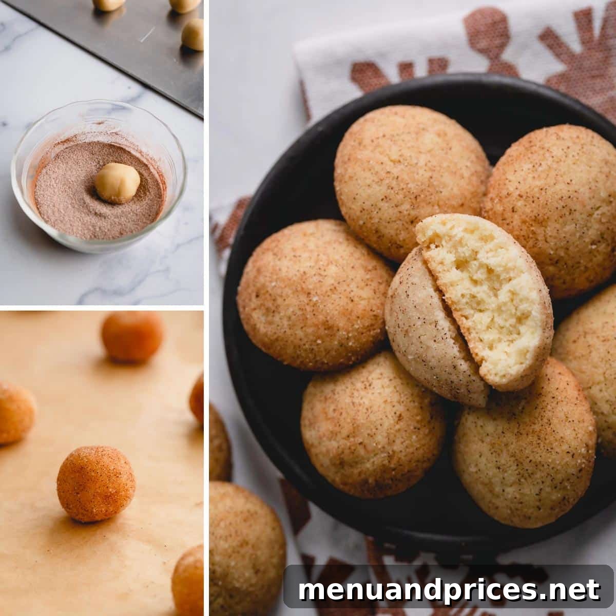 Step by step photos of making snickerdoodle cookies, showing dough balls coated in cinnamon sugar and baked cookies.