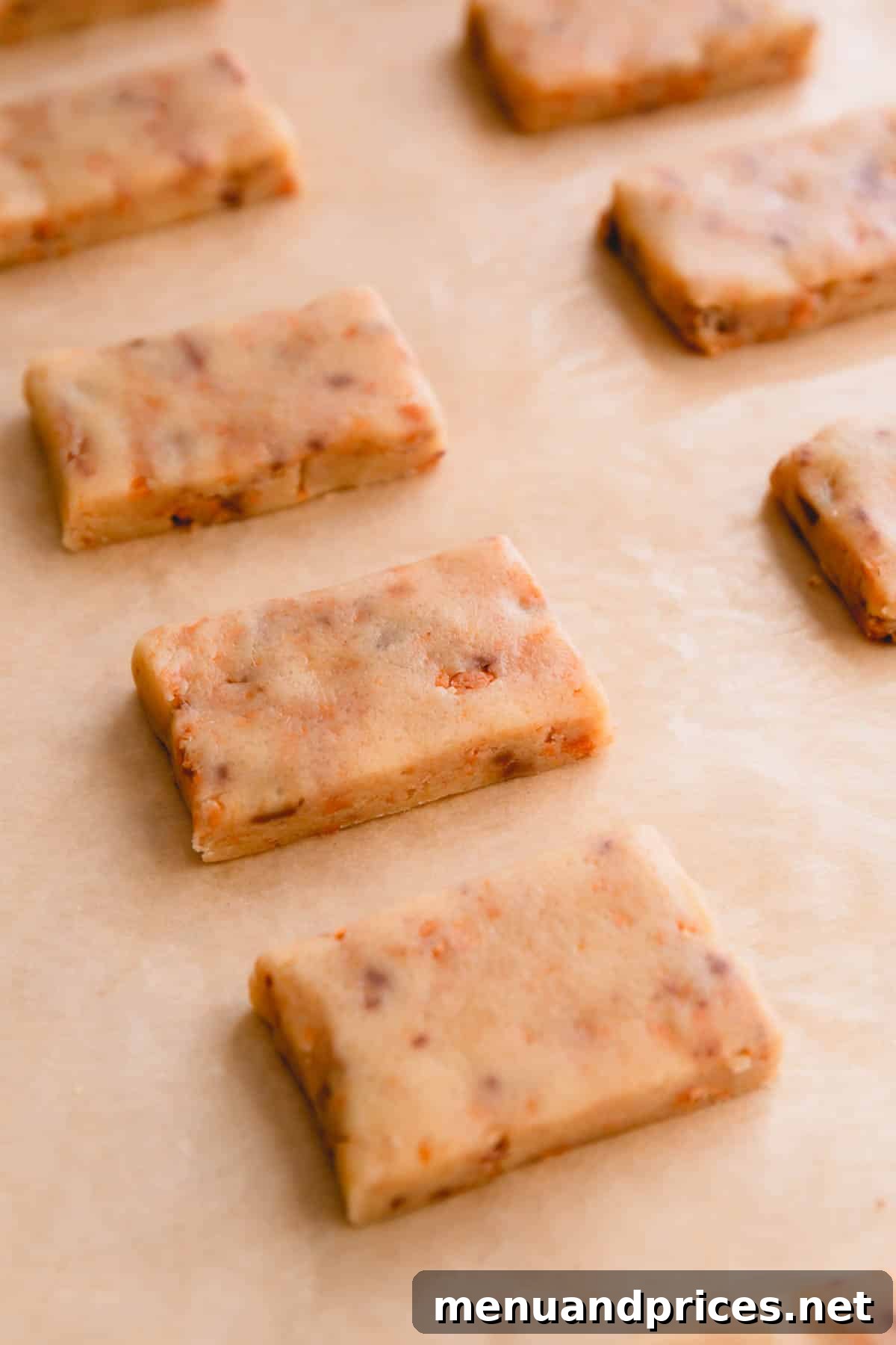 Butterfinger cookie dough cut into rectangles on a baking sheet, ready to bake.