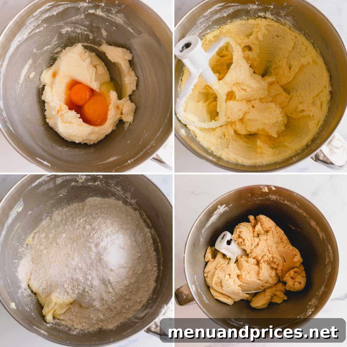 Step by step photos of making butter cookie dough, showing butter and sugar creaming, adding eggs, and finally the dough forming.