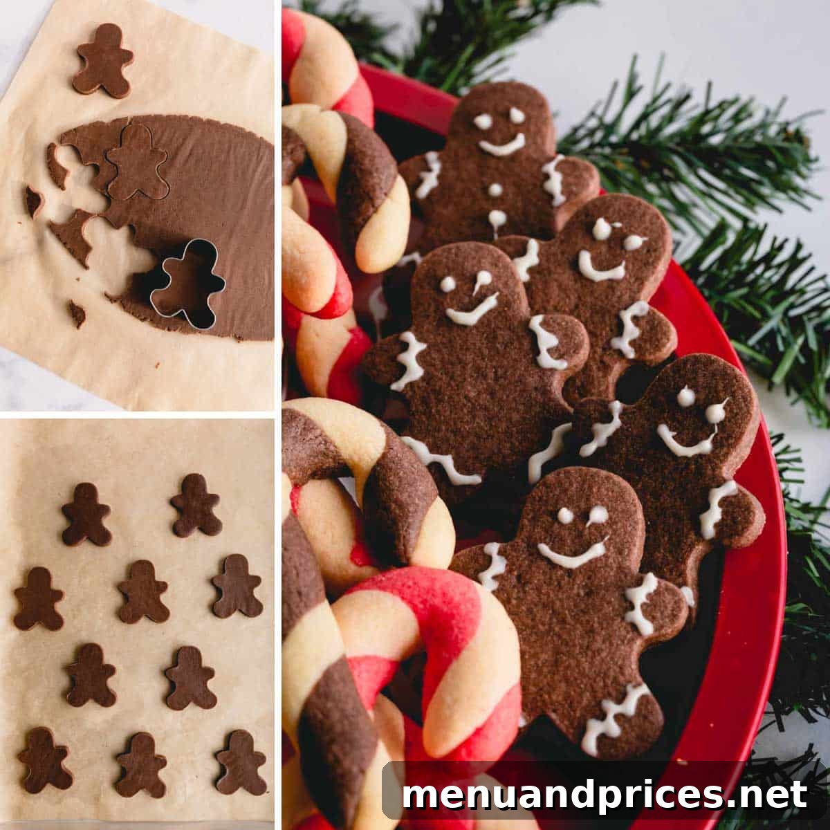 Step by step photos of making chocolate cutout cookies in gingerbread shape, showing dough rolling, cutting, and baked cookies.