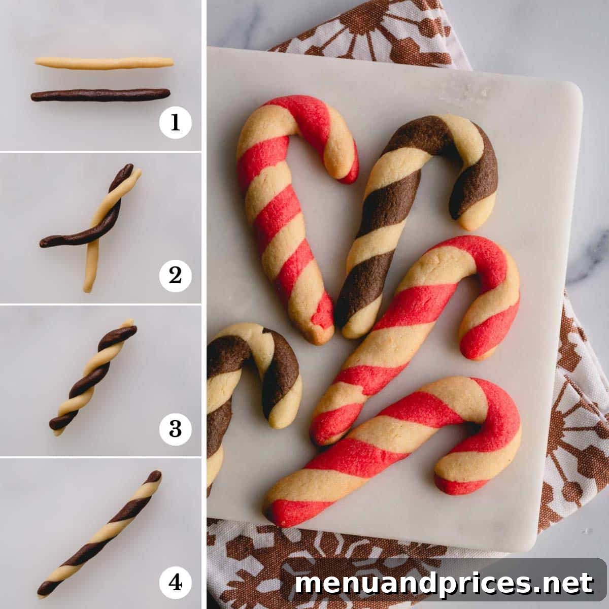 Step by step photos of making candy cane cookies, showing red and white dough logs twisted, and also white and chocolate twisted logs.