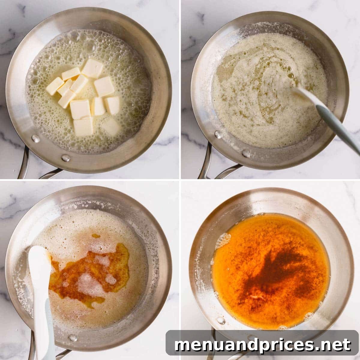 Golden Butter Secrets 4 Step by step photos illustrating the process of making browned butter in a stainless steel skillet, showing melting, foaming, and browning stages.