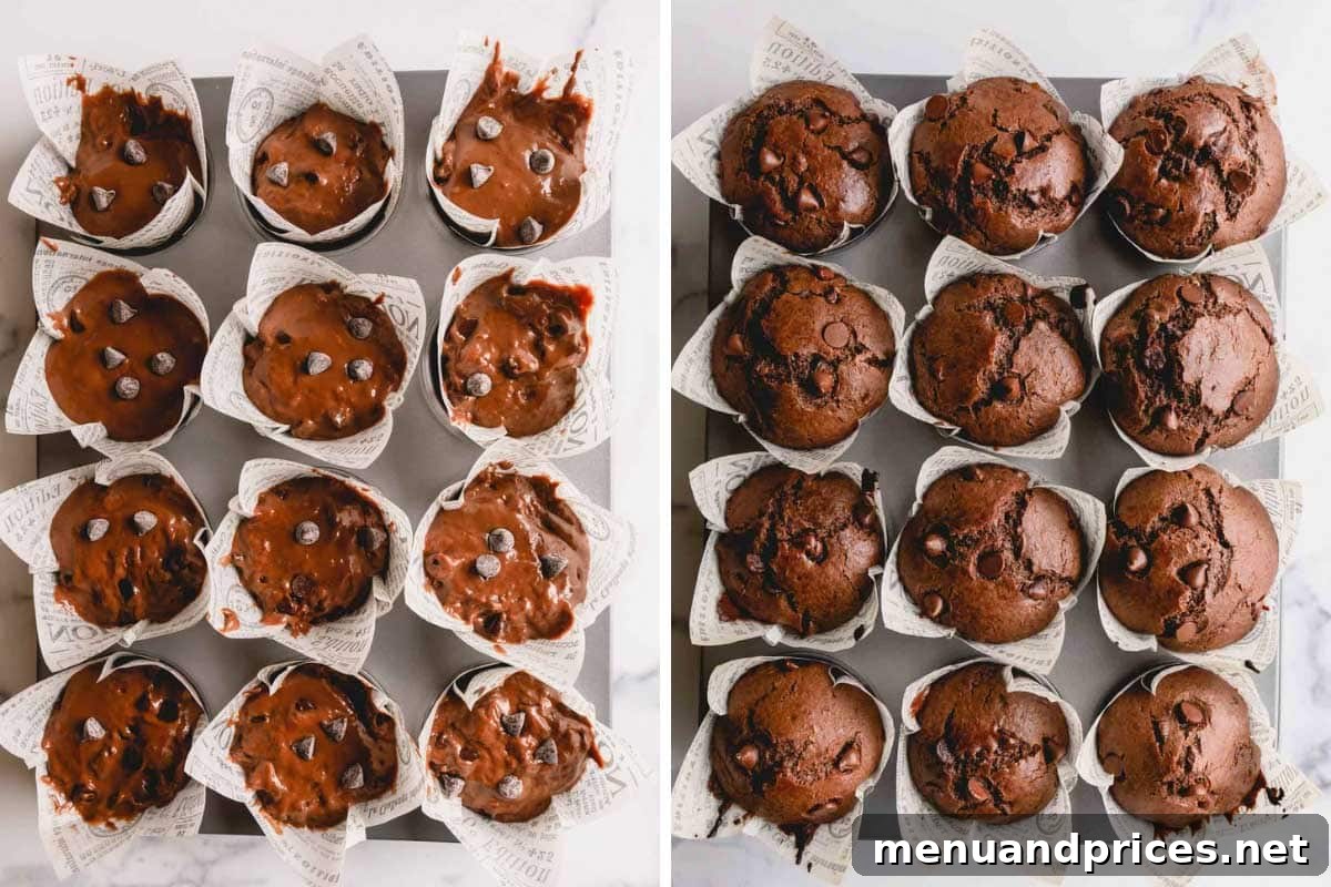 Zesty Orange Chocolate Delights 6 A before-and-after shot, showing unbaked chocolate muffins in a tray next to perfectly baked, golden-topped muffins.
