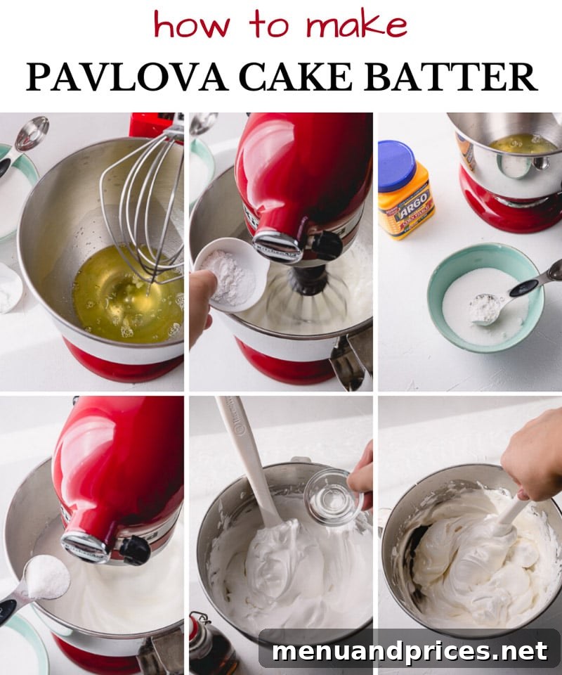 Effortless Pavlova Perfection 6 Step-by-step guide to making Pavlova batter, showing the smooth, glossy meringue in a mixing bowl, ready for shaping. #easypavlovarecipe