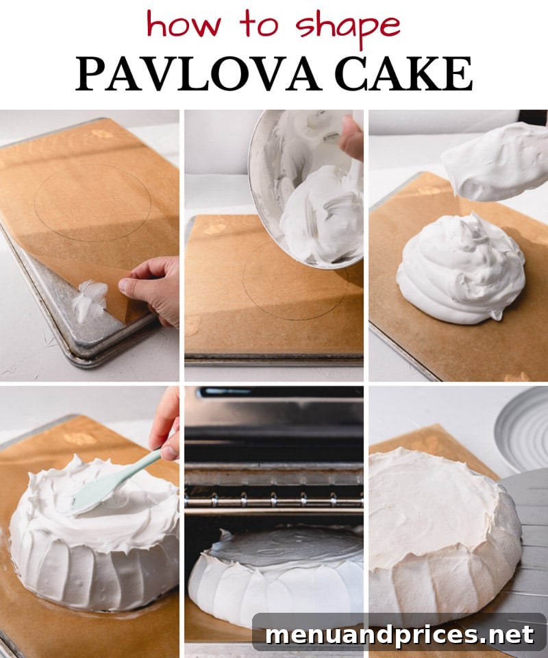Effortless Pavlova Perfection 7 Step-by-step imagery demonstrating how to shape a Pavlova cake, showing the meringue base formed into a nest on parchment paper. #howtoshapenovlova