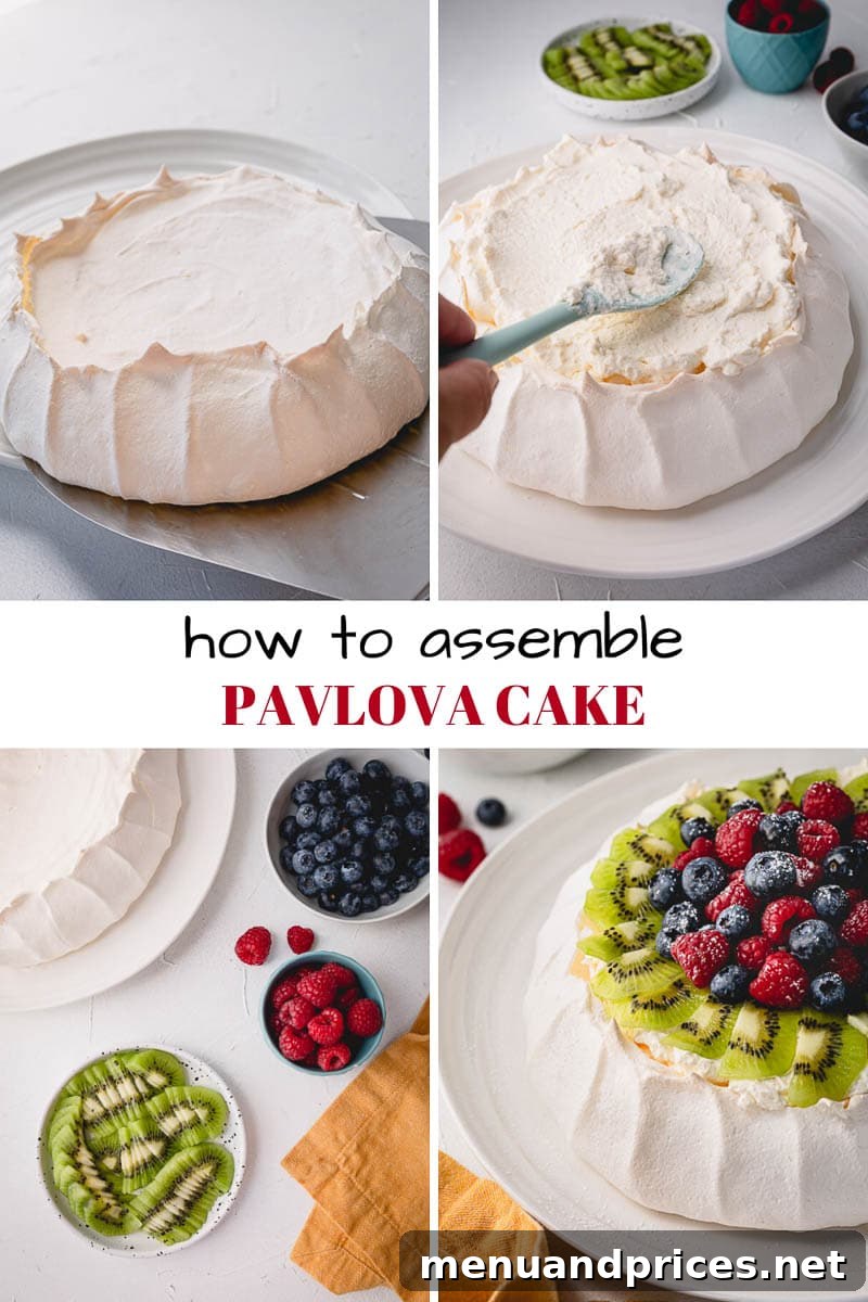 Effortless Pavlova Perfection 8 A fully assembled Pavlova cake on a serving platter, topped with whipped cream and an abundance of fresh berries, ready to be enjoyed. #pavlovaassembly