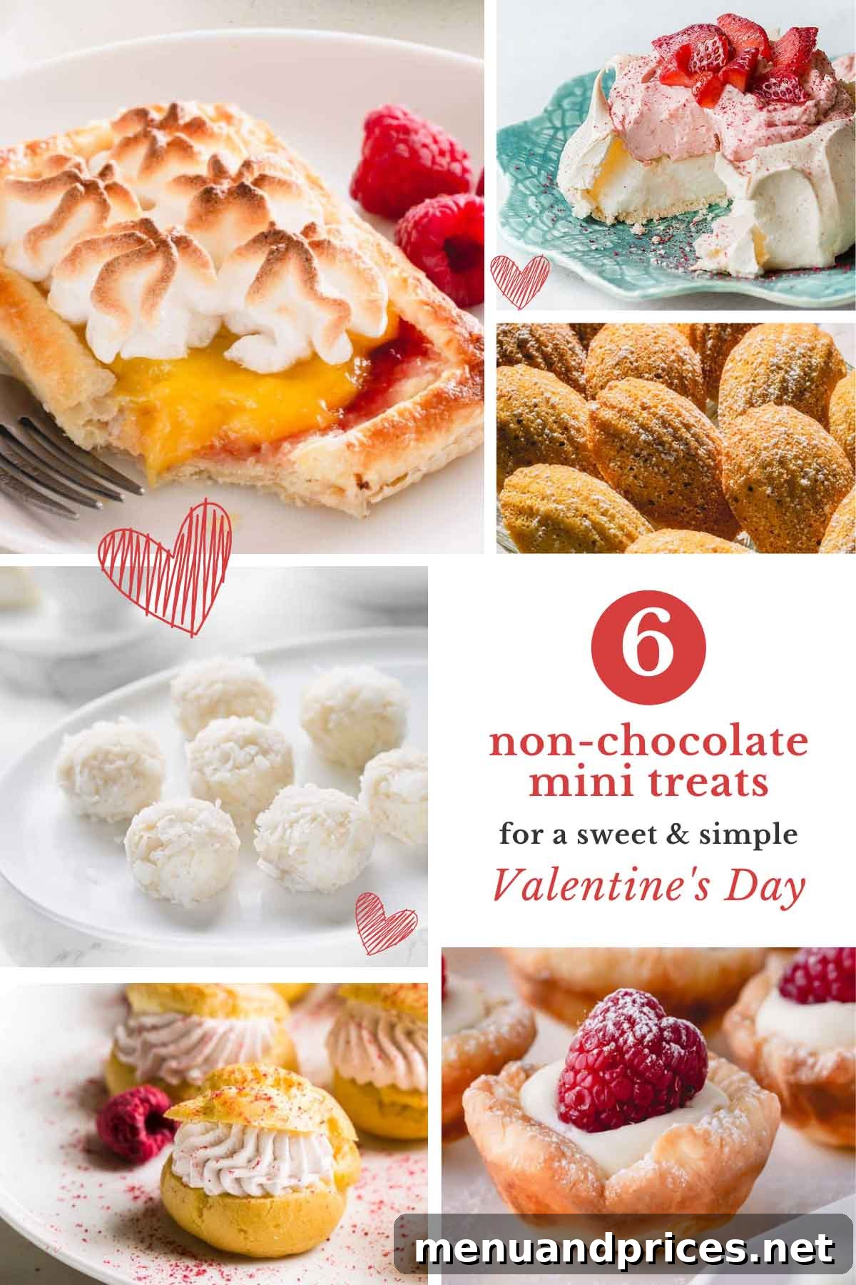 Collage of 6 non-chocolate dessert images including tartlets, pavlovas, madeleines, cream puffs, and coconut balls.