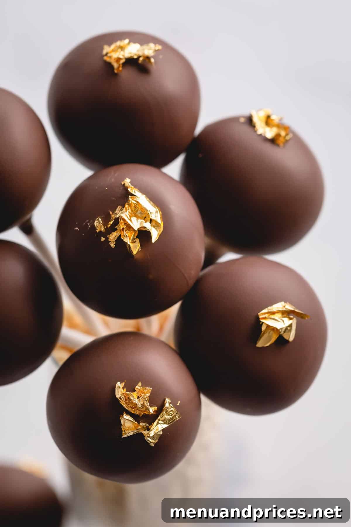 Crafting Perfect Chocolate Cake Pops From Scratch 2 chocolate cake pops with gold luster.