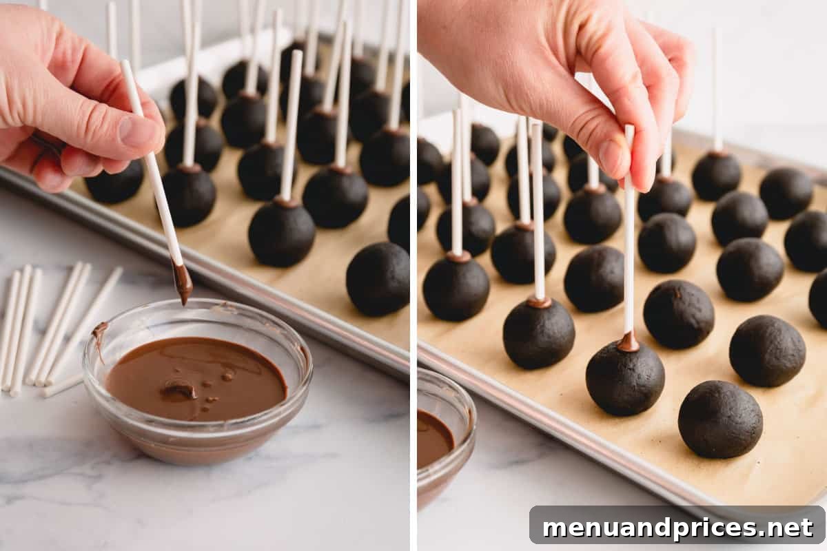 Crafting Perfect Chocolate Cake Pops From Scratch 8 hand adding sticks to cake pop balls.
