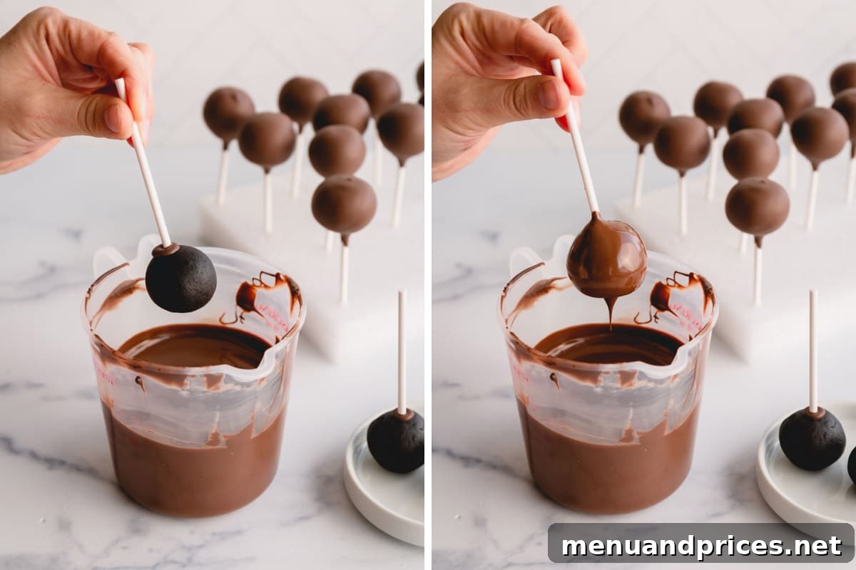 Crafting Perfect Chocolate Cake Pops From Scratch 9 hand dipping cake pops into melted chocolate.