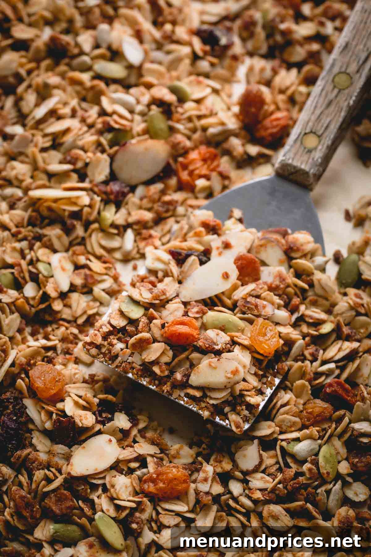 Wholesome Almond Crunch Granola 3 A spatula lifting a portion of freshly baked, golden-brown homemade granola, showing its delightful clusters.